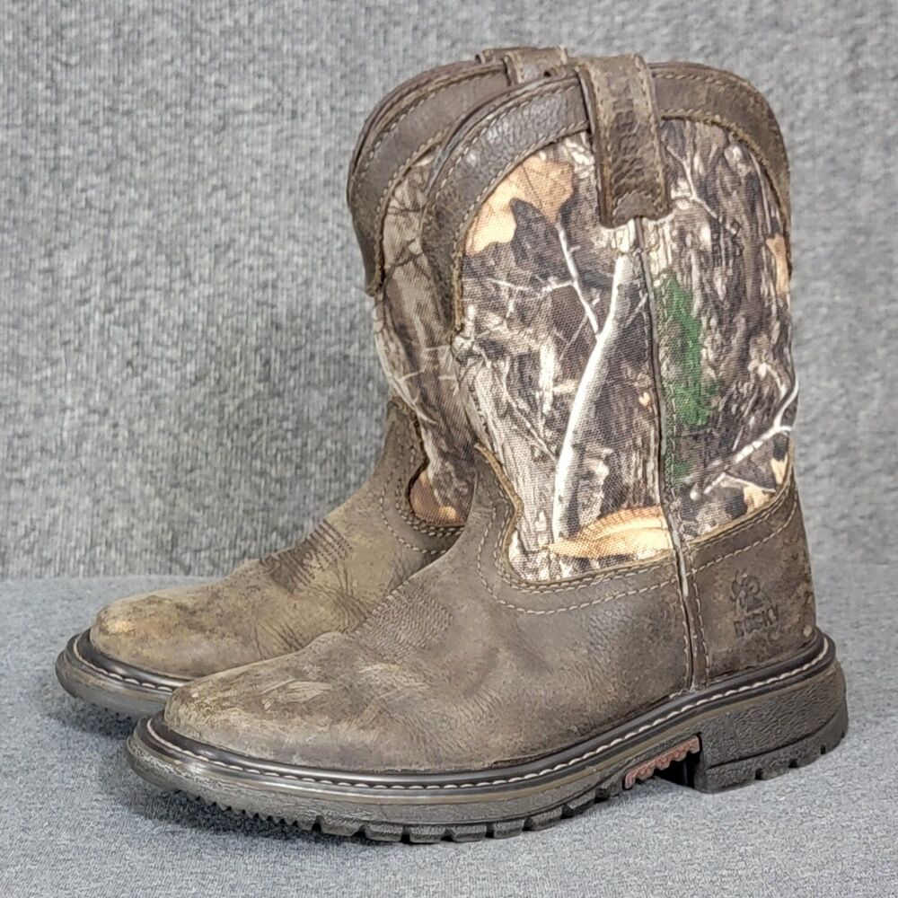 Rocky Ride FLX 8" Waterproof Western Boot Kids 13.5 Brown Leather Real Tree Camo